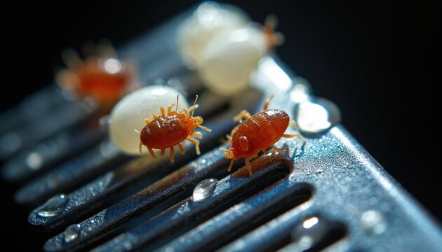 Macro view of bed bugs and their eggs on a metal comb. Tiny insects and white ova show signs of infestation and need for pest control. Careful examination reveals small details for diagnosis.