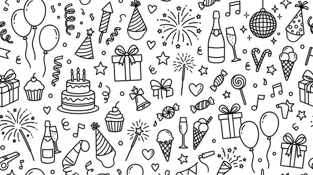 Birthday party celebration theme with cheerful mood, doodle objects including balloons, confetti, streamers, party hats, gift boxes, ribbons, bows, birthday cake, cupcakes, candles