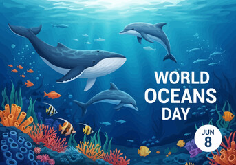 Fototapeta premium Whale and dolphin swimming with fish and coral reef on world oceans day
