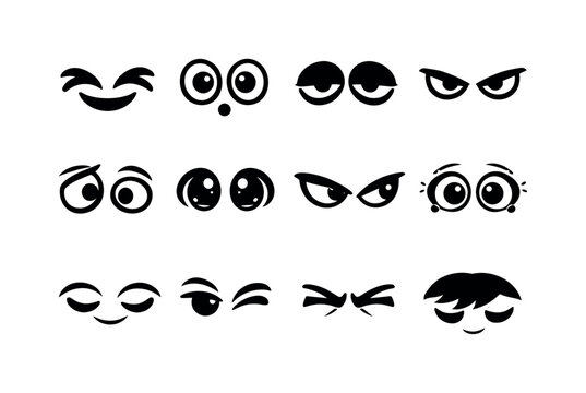 Emotional eyes collection: laughing squint eyes, shocked round eyes, exhausted droopy eyes, confident narrowed eyes, confused uneven eyes, innocent sparkling eyes, jealous side-eye