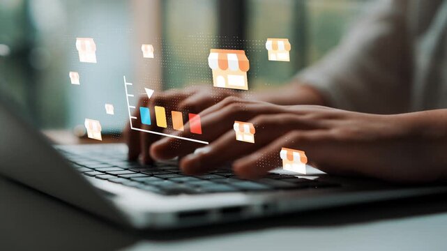 Hands Typing on Laptop with Overlay of E-commerce Bar Chart and Store Icons Representing Online Business Growth and Digital Marketing Strategies Gluon.
