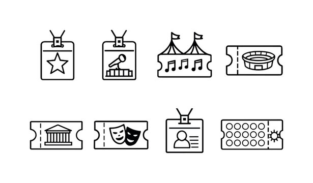 Access pass tickets: VIP pass ticket stub, backstage pass ticket stub, festival pass ticket stub, sports arena ticket stub, museum entry ticket stub, theater admission ticket stub