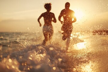 Fototapeta premium Joyful lovers running on sunny coastline