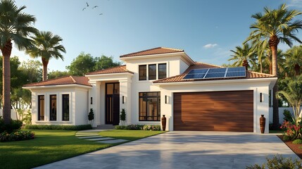 Fototapeta premium Modern luxury eco-friendly Mediterranean house with solar panels and wooden garage door at dusk