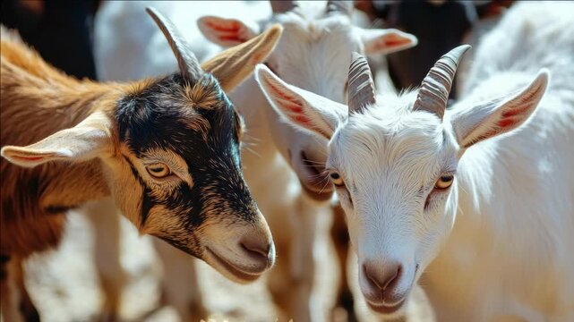 A flock of goats gathered together in a field.
