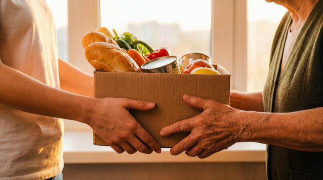Young volunteer giving cardboard box with fresh vegetables and canned goods to elderly person near bright window concept of senior care charitable food donation poverty relief and community support