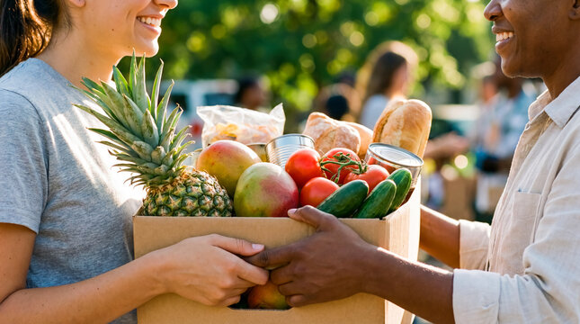 Two smiling people exchanging cardboard box full of fresh tropical fruit and bread outdoors in sunlight concept of joyful humanitarian aid healthy charitable donation and community solidarity