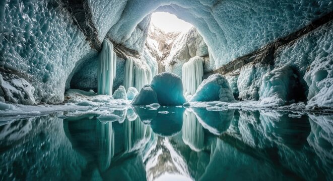Stunning ice cave with reflective pool and icy formations