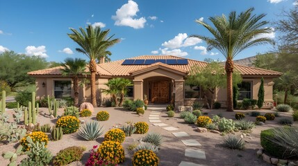 Obraz premium Luxury Mediterranean villa with terracotta roof and desert landscaping under clear blue sky