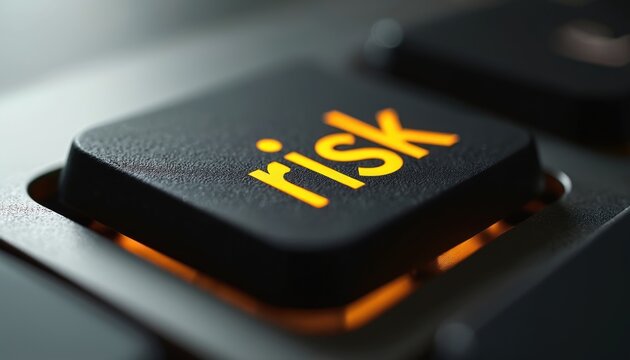 Close-up of computer keyboard key labeled RISK. Bright orange light glows from under the dark key. Digital interface for business decisions.