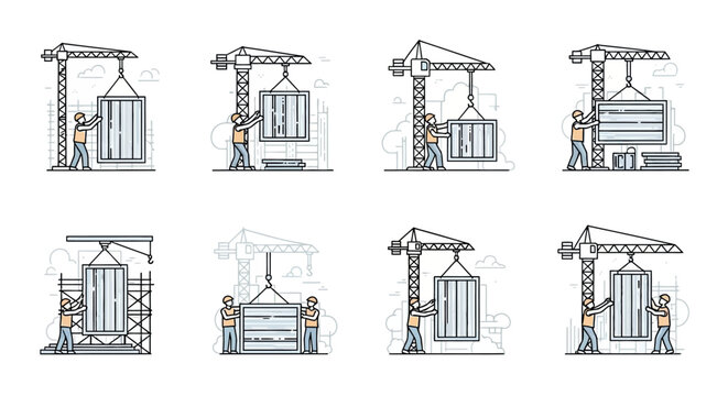 Set of Construction Site Line Art Illustrations Featuring Tower Cranes and Workers