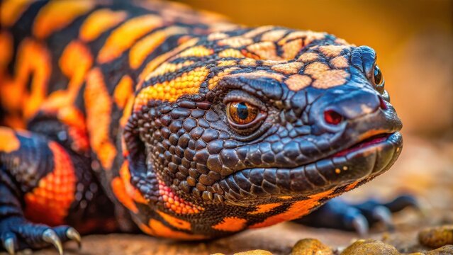 Gila monster up close, showcasing its vibrant scales and warning coloration in a unique portrait