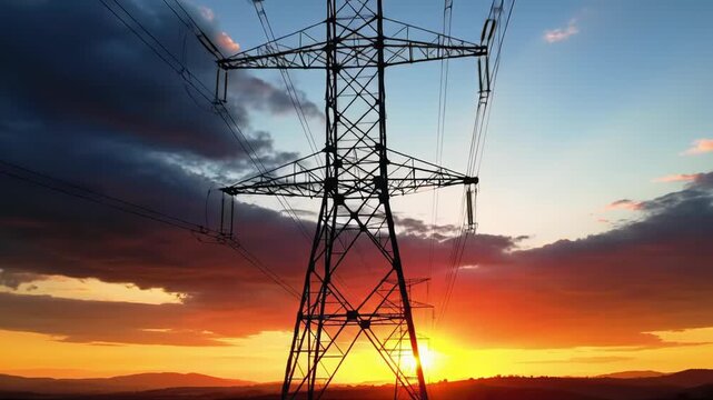 Majestic wide video of modern electricity pylons against vibrant golden hour sunset sky, casting ethereal glow on rolling fields and hazy mountains. Slow lateral tracking video, concept of