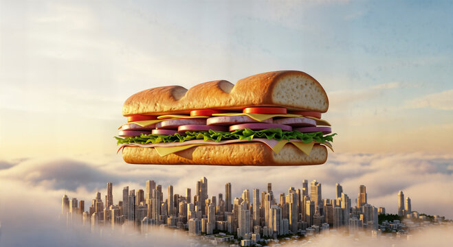 Giant submarine sandwich flying over city buildings above clouds at sunset, creative fast food delivery promotion marketing, surreal culinary adventure art for advertising banner.