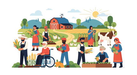 Naklejka premium Diverse Farmers Community Working on Sustainable Farm. Flat Vector Illustration of Agriculture, Harvesting Crops, Rural Labor, and Teamwork.