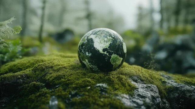 Moss covered rock with planet earth ball. Natural environment, wildlife. Concept of nature and preservation.