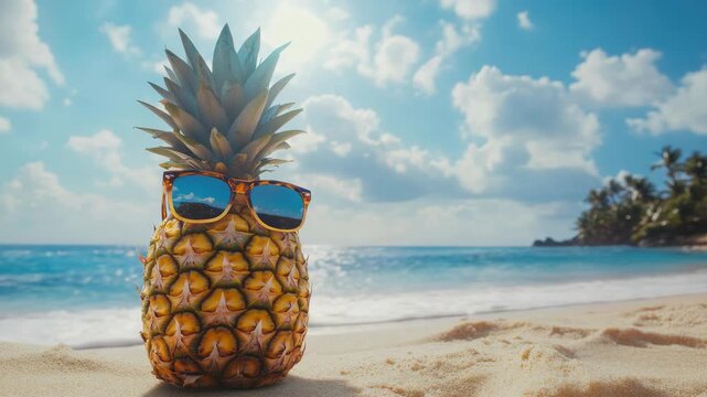 A pineapple with a pair of sunglasses on it, sitting on the sandy beach under a blue sky.