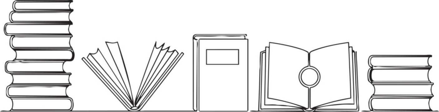 Illustrated collection of various books and reading materials arranged horizontally