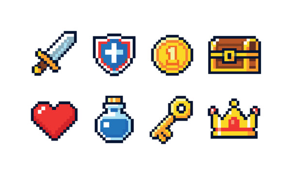 Pixel game items: pixel sword, pixel shield, pixel coin, pixel treasure chest, pixel heart health, pixel magic potion bottle, pixel gold key, pixel crown