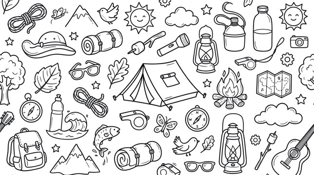 Kids summer camp outdoor adventure concept focused on fun activities, friendship, and nature exploration during school holidays in a safe and joyful environment. Objects of tent,