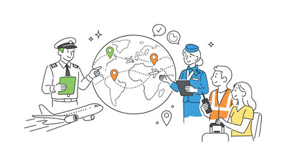 Naklejka premium Air travel and global connectivity concept where a pilot and crew coordinate routes and ensure smooth passenger journeys, featuring a simplified airplane and a globe as a minimal