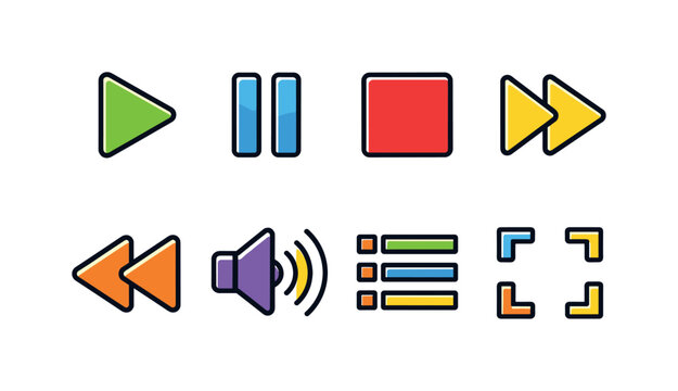 Digital media controls: play button triangle, pause bars, stop square, fast forward arrows, rewind arrows, volume speaker waves, playlist list panel, fullscreen expand corners
