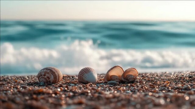 Beautiful shells on a sandy shore, with the ocean as the backdrop. Perfect seaside scene.