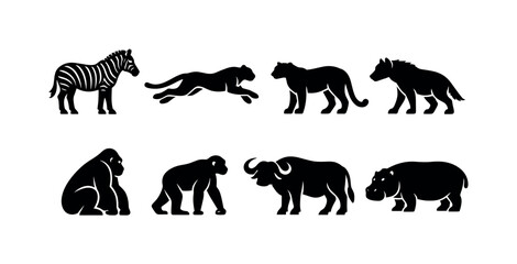 Fototapeta premium Safari animal silhouettes: zebra side view, cheetah running, leopard standing, hyena walking, gorilla sitting, chimpanzee standing, buffalo side view, hippopotamus side view