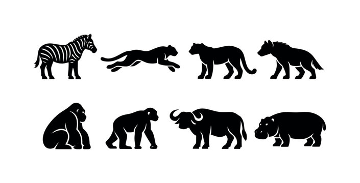 Safari animal silhouettes: zebra side view, cheetah running, leopard standing, hyena walking, gorilla sitting, chimpanzee standing, buffalo side view, hippopotamus side view