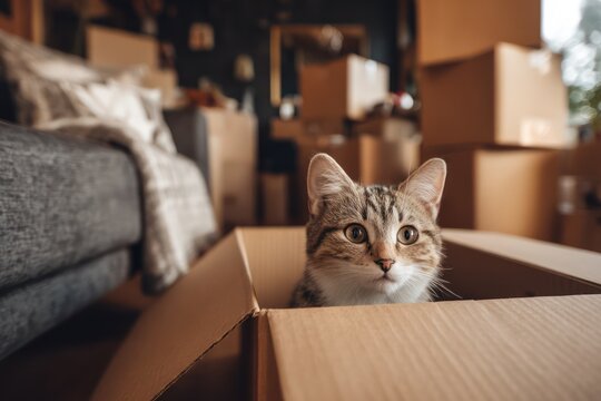 Cat hiding in box on moving day