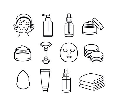 Facial skincare routine: face with cleansing bubbles, cleanser pump bottle, serum dropper bottle, moisturizer cream jar, eye cream jar, face roller, facial mask sheet, cotton pads