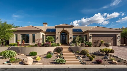 Fototapeta premium Luxury Mediterranean style mansion with desert landscaping under clear blue sky