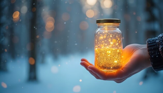 Person holds glass jar filled with golden glitter. Sparkling particles glow brightly in snowy forest. Winter magic light captured outdoor at dusk.