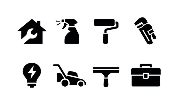 Home services icons: house with wrench, cleaning spray bottle, paint roller, plumbing pipe wrench, electrician light bulb, lawn mower, window squeegee, toolbox