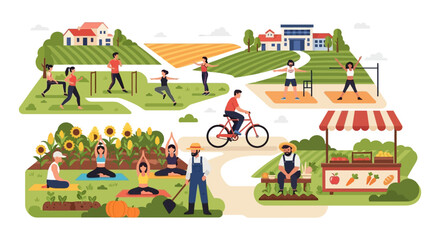 Naklejka premium Active Rural Lifestyle Concept: People Exercising, Doing Yoga, Cycling, and Working on Farms or Shopping at a Local Farmer's Market. Vector Illustration.