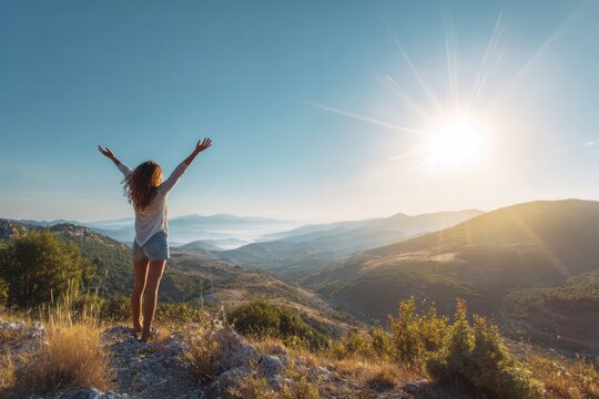 Happy female hiker at mountain summit