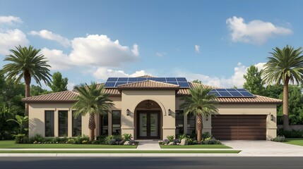 Fototapeta premium Modern Mediterranean-style home with solar panels on red tile roof under sunny blue sky