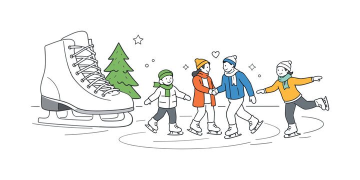 Community winter skating moment where a small group of people glides across a smooth ice surface while a large pair of figure skates and a simple pine tree stand nearby