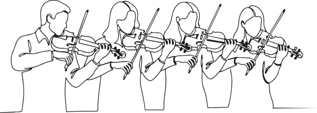 Four violinists playing in a synchronized manner with their instruments.