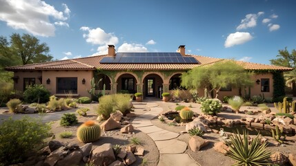Obraz premium Modern desert eco-friendly adobe home with courtyard and native landscaping under clear blue sky