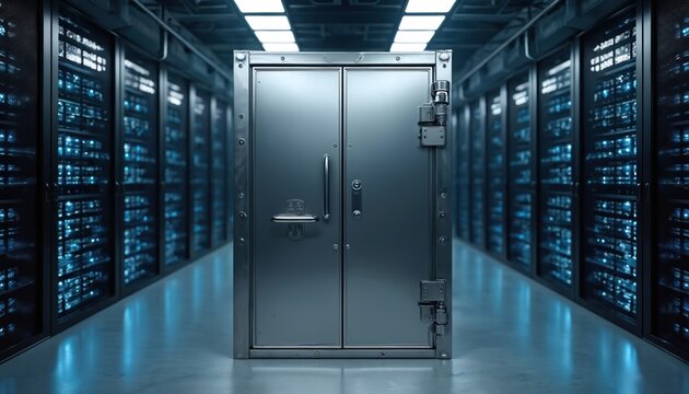 Heavy vault door guards server room. Steel entrance with chrome handle, secure access to digital data. Modern tech facility with blinking lights.