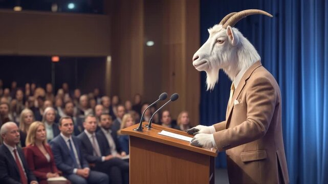 Goat in business suit giving speech at conference. Anthropomorphic animal character speaking from podium to audience in auditorium. Lockdown shot.