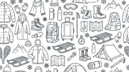 Obraz premium Winter travel gear and cold weather adventure concept focused on protection, mobility, and comfort during snowy outdoor trips and seasonal journeys. Objects of winter jacket, coat,