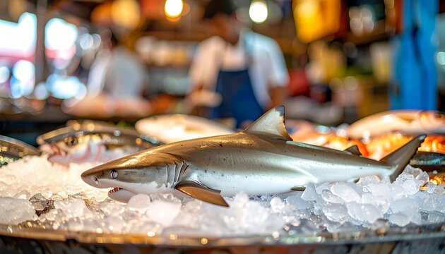 Small Shark on Ice at a Fish Market Stall