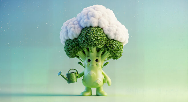 Cute broccoli character mascot with cloud shaped head and watering can for children nutrition awareness, organic healthy farm food marketing illustration 3d render.