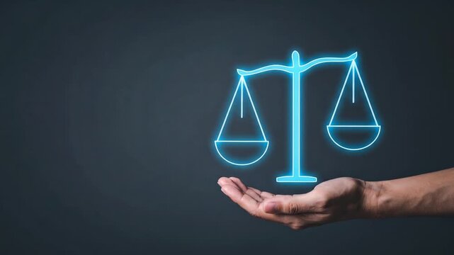 A hand holding a neon blue scales of justice symbol.