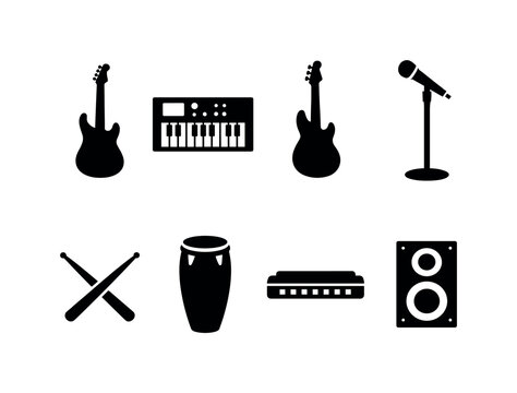 Band music instruments: electric guitar, keyboard synthesizer, bass guitar, microphone stand, drumsticks pair, conga drum, harmonica, music speaker
