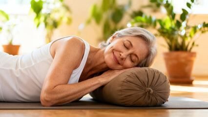 Obraz premium Zen Serenity: A woman finds inner peace, reclining on a yoga mat, eyes closed in gentle meditation, embracing tranquility and calmness. 