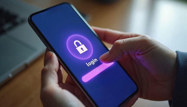 User logs into smartphone with security code entering via touchscreen. Digital access granted to account on modern device screen. Privacy protected with password confirmation and app authentication.