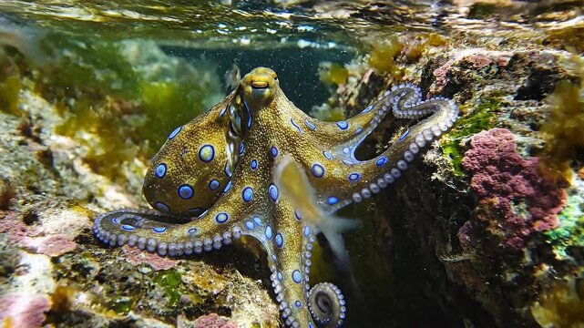 Close up shot of a vibrant blue ringed octopus showcasing its intricate patterns and textures underwater amidst colorful coral and marine vegetation, illustrating the rich biodiversity of the ocean.